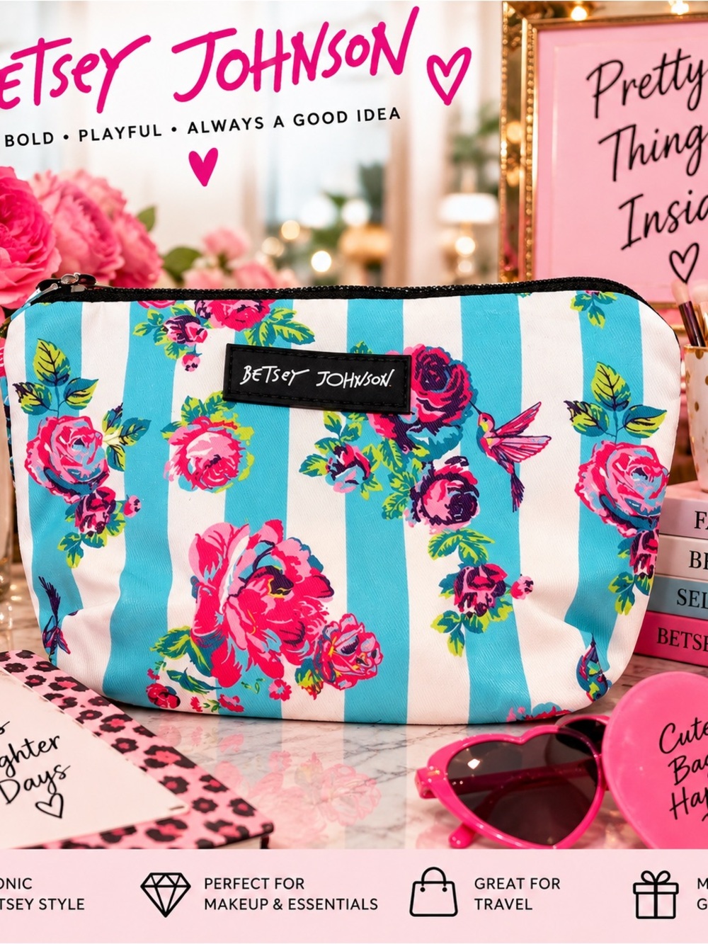 Betsey Johnson Turquoise, White & Pink Floral Stripe Cosmetic Bag